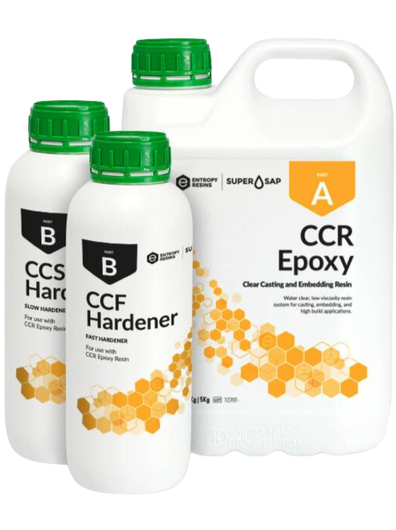 Bilde av to hvite flasker med svarte korker merket "CCF Hardener" og en større hvit beholder med håndtak merket "Glassklar Epoxy - CCR Epoxy Entropy SuperSap." Beholderen har en gul-oransje design med honeycomb-former og nevner "Del A." Alle etiketter indikerer at de er produkter fra Entropy Resins, perfekt for ditt neste elvebordsprosjekt.